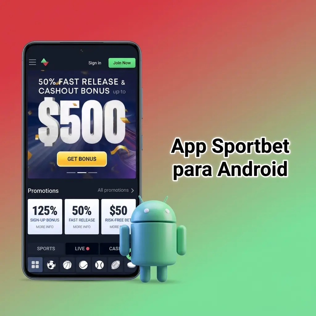 Tela do aplicativo Sportbet para Android com opções de apostas esportivas e jogos de cassino disponíveis gratuitamente