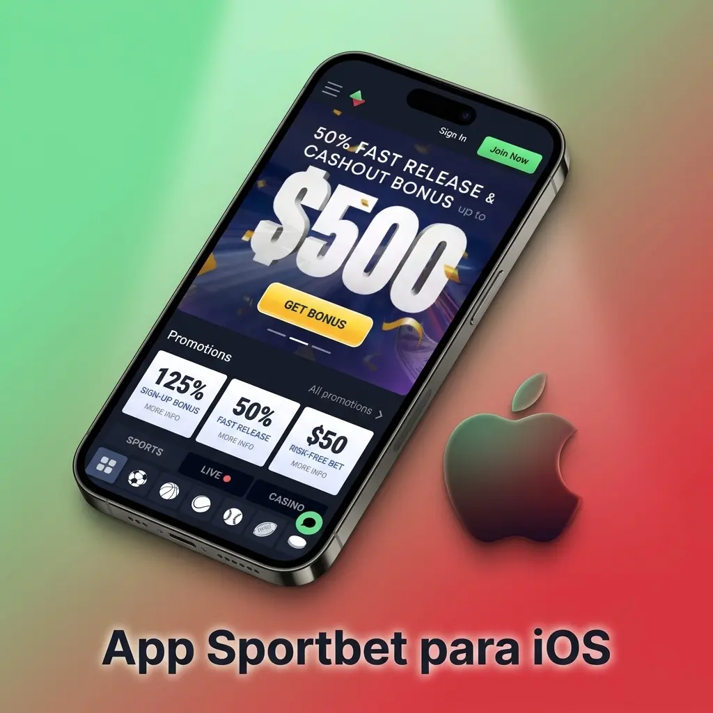 Ícone do app Sportbet para iOS com instruções de acesso pelo Safari no iPhone e iPad