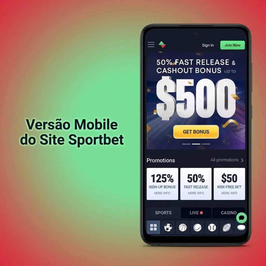 Interface mobile do site Sportbet em smartphone, com apostas esportivas, cassino ao vivo e pagamento via PIX
